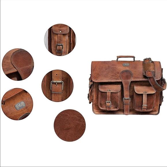 Vintage Leather Travel Messenger Office Crossbody Bag Briefcase - Picture 5 of 8